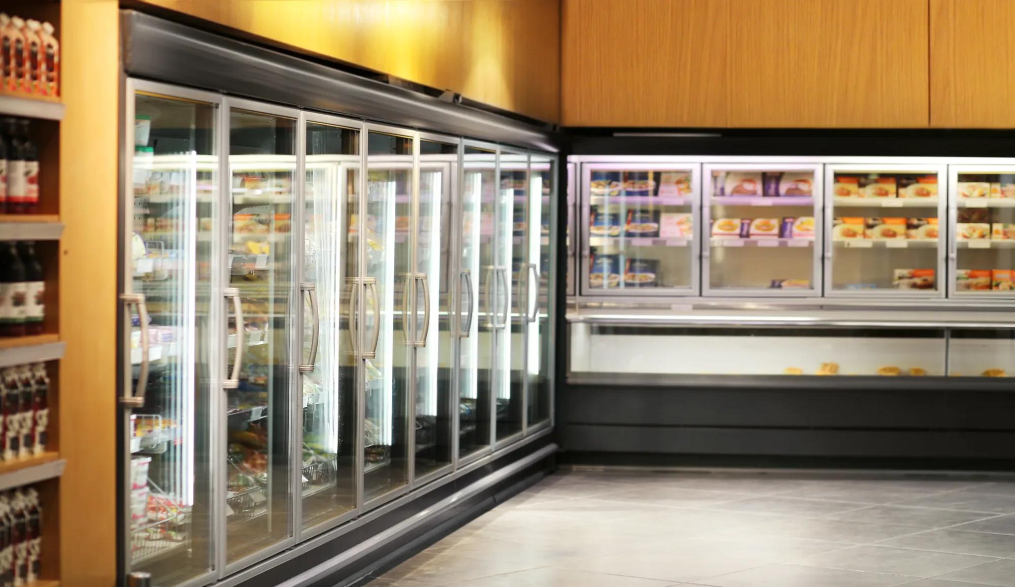 a row of commercial freezers filled with frozen food, highlighting the role of artificial intelligence in retail inventory management