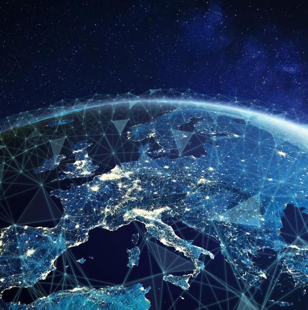 Telecommunication network above Europe viewed from space with connected system for European 5g LTE mobile web, global WiFi connection, Internet of Things (IoT) technology or blockchain fintech