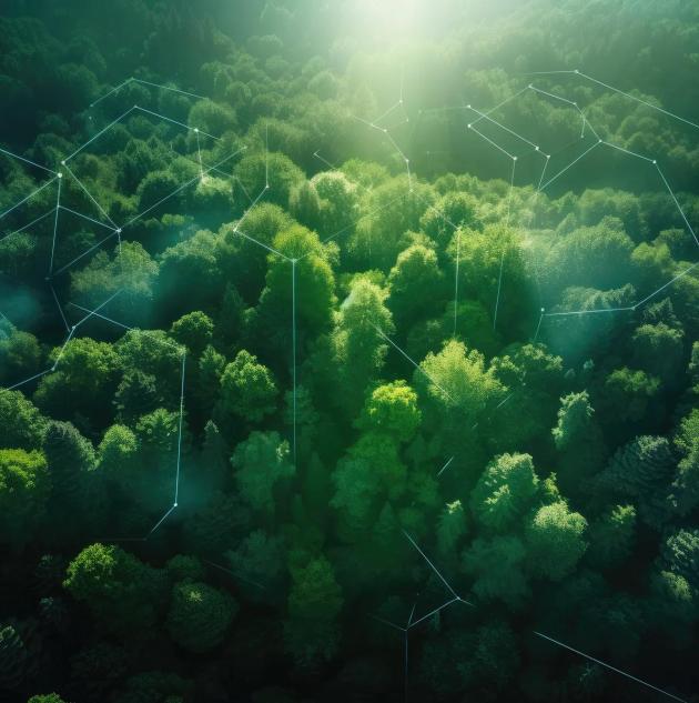 Aerial view of green forest in summer at dawn with glowing technological communication lines, created with Generative AI.