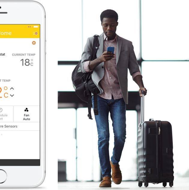 Smart thermostat information on phone screen. Man walks suitcase through airport.